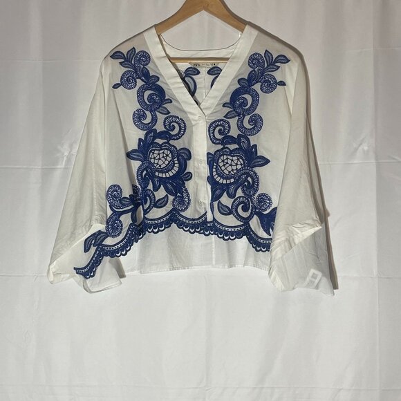 ZARA CONTRAST Blue/White EMBROIDERED BLOUSE Wing Sleeve Beachy SZ S - Picture 1 of 9